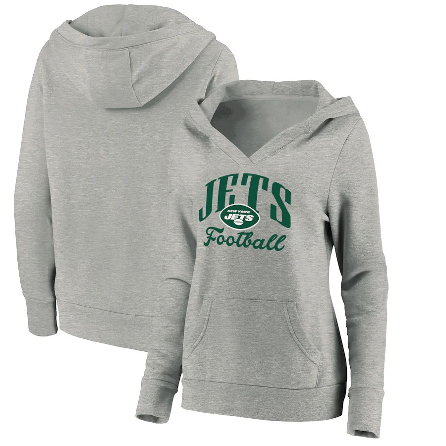 Women New York Jets Fanatics Branded Heathered Gray Victory Script V-Neck Pullover Hoodie